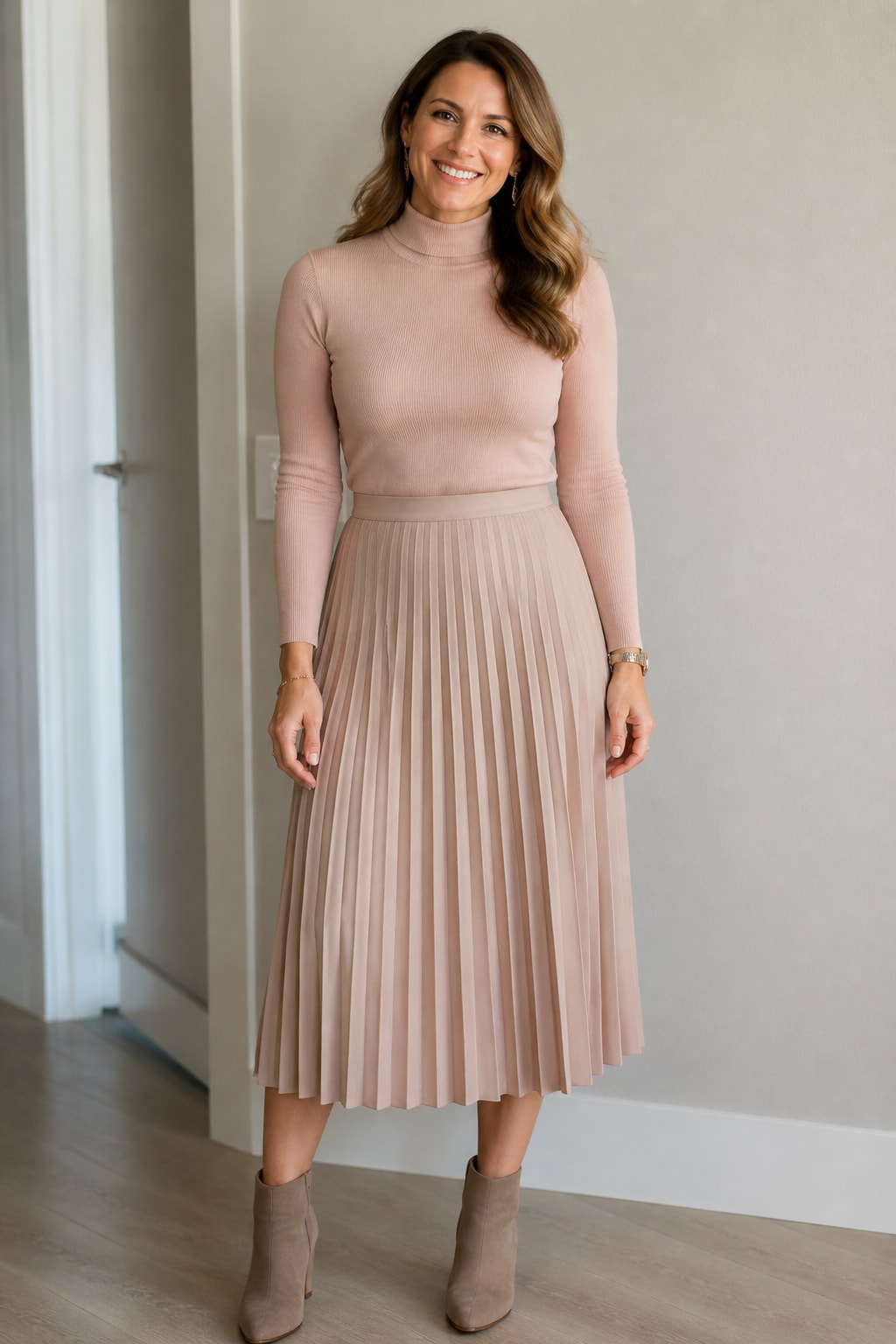 Pleated Midi, Turtleneck, and Ankle Boots