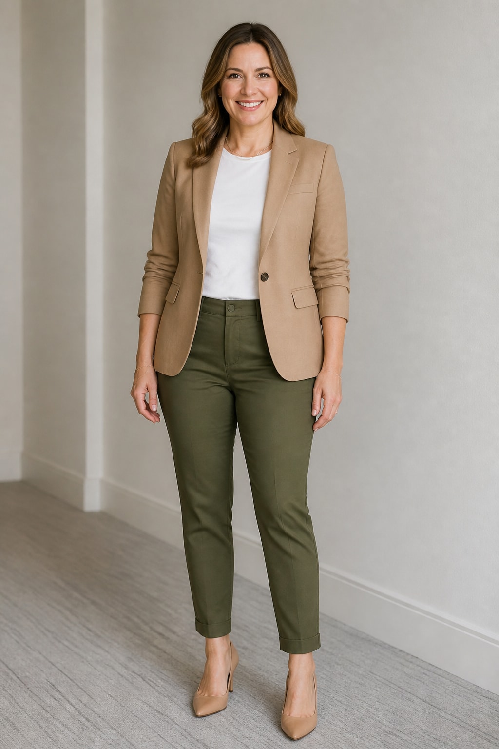 Camel Blazer, White Tee, and Tailored Chinos