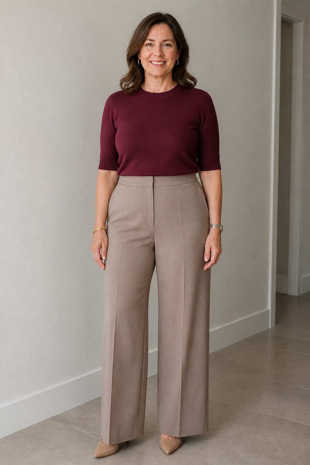 Taupe Wide-Leg Pants and Tucked Knit